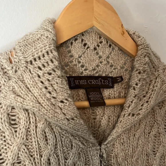 Inis Crafts Ireland 100% Merino Wool Cable Knit Zip Up Cardigan Sweater Sz M - Picture 4 of 10